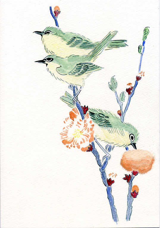 Japanese White-eyes on a Branch of Peach Tree,” from the Series An Array of Birds (Tori awase), from Spring Rain Surimono Album (Harusame surimono-jō, vol. 3) by Kubo Shunman (Japanese, 1757–1820)