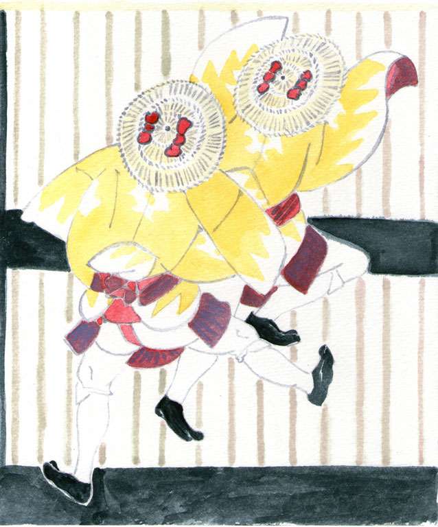 Two Men Wearing Yellow Coats and Straw Hats with Red Bows by Yashima Gakutei 